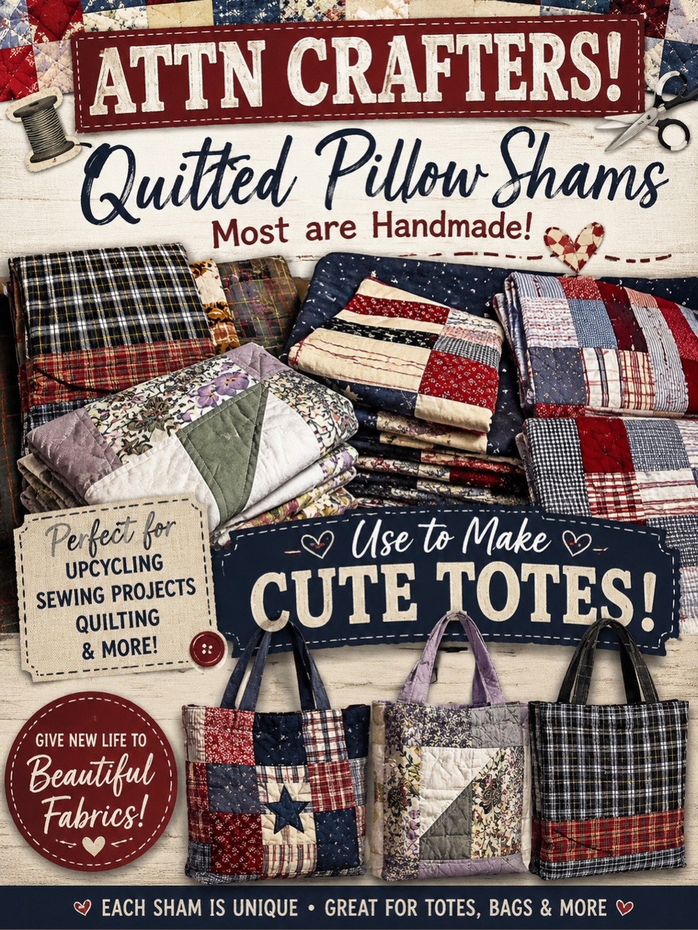 Set of 12 Patchwork Americana Red & Navy pillow Shams Unbranded for Making totes